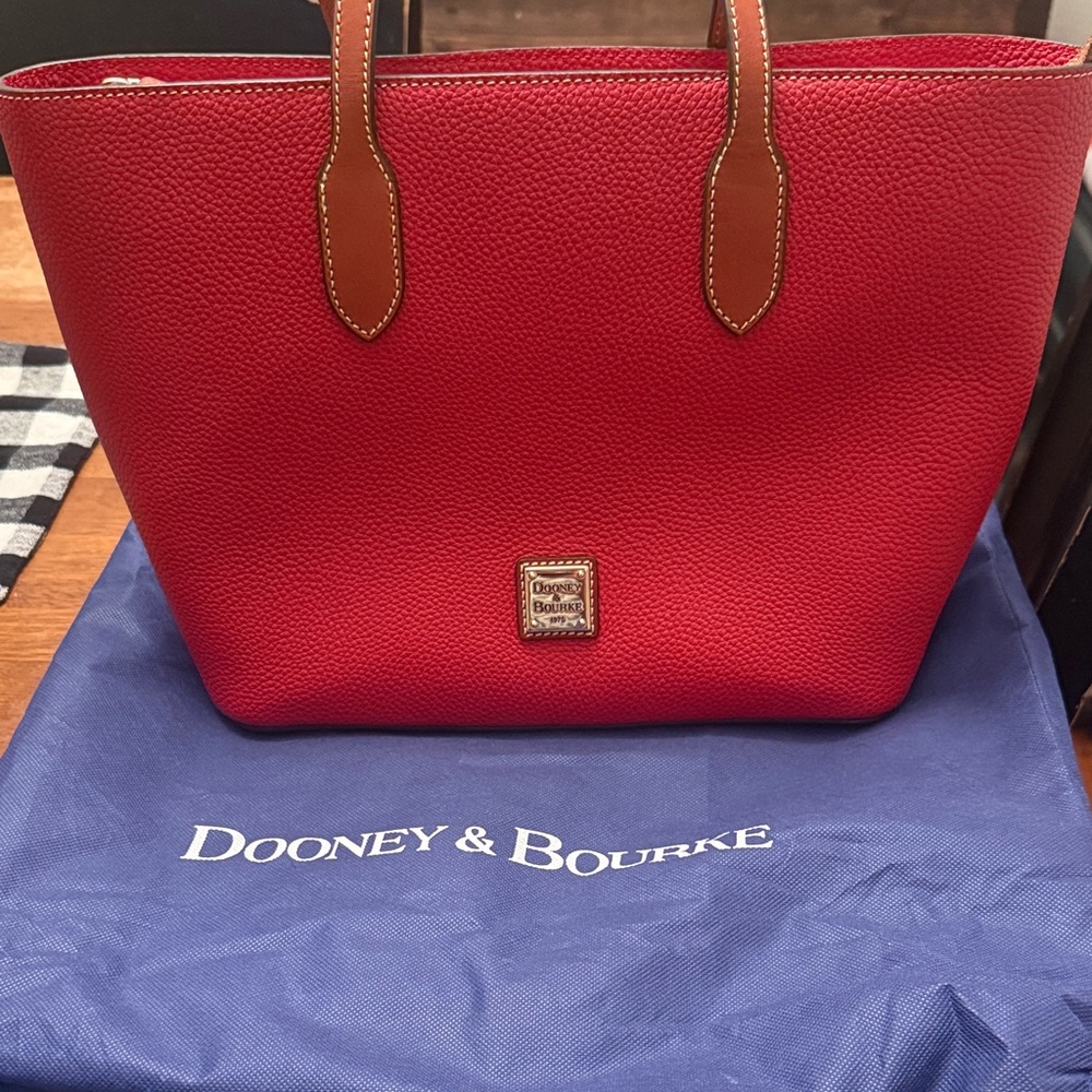 Dooney & Bourke Red Pebbled Leather Tote with Tan Handles
